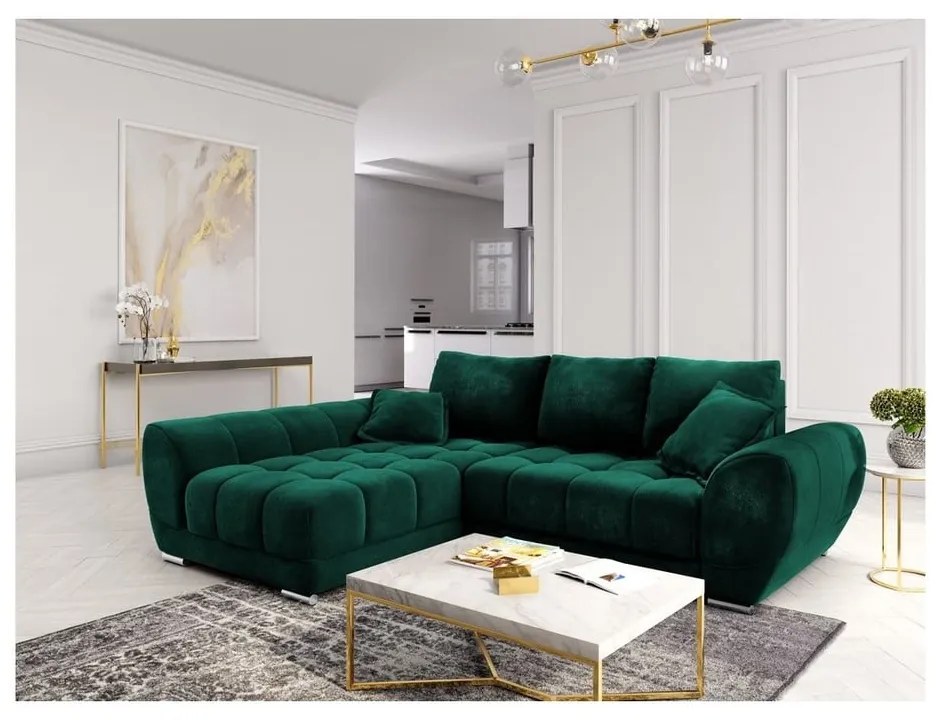 Tmavozelená rozkladacia rohová pohovka so zamatovým poťahom Windsor & Co Sofas Nuage, ľavý roh