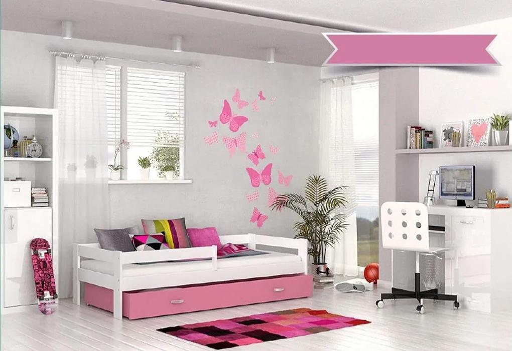 Detská posteľ HUGO s farebnou zásuvkou+matrac, 180x80, biela/ružová