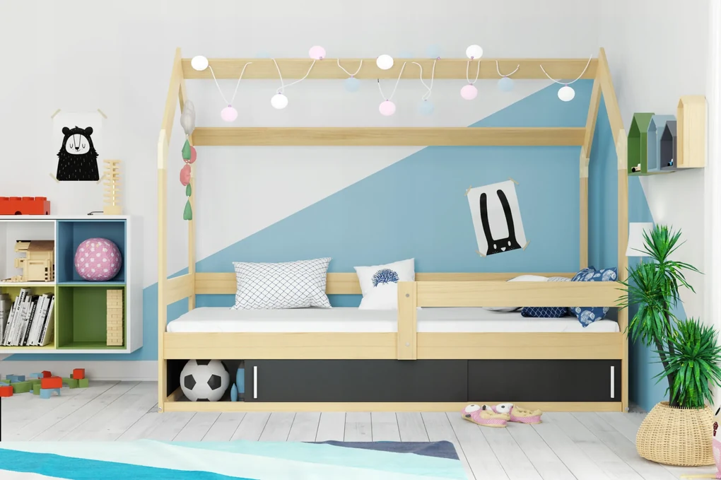 Interbeds BMS Group Domček detská posteľ Prírodná 80x160 s grafitová zásuvkou