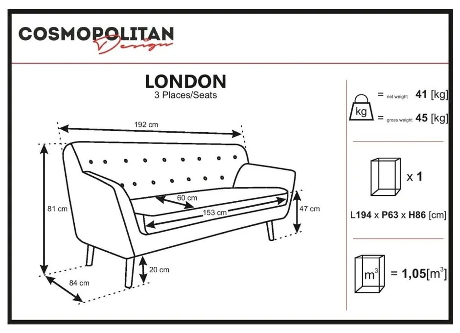 Sivobéžová pohovka Cosmopolitan design London, 192 cm
