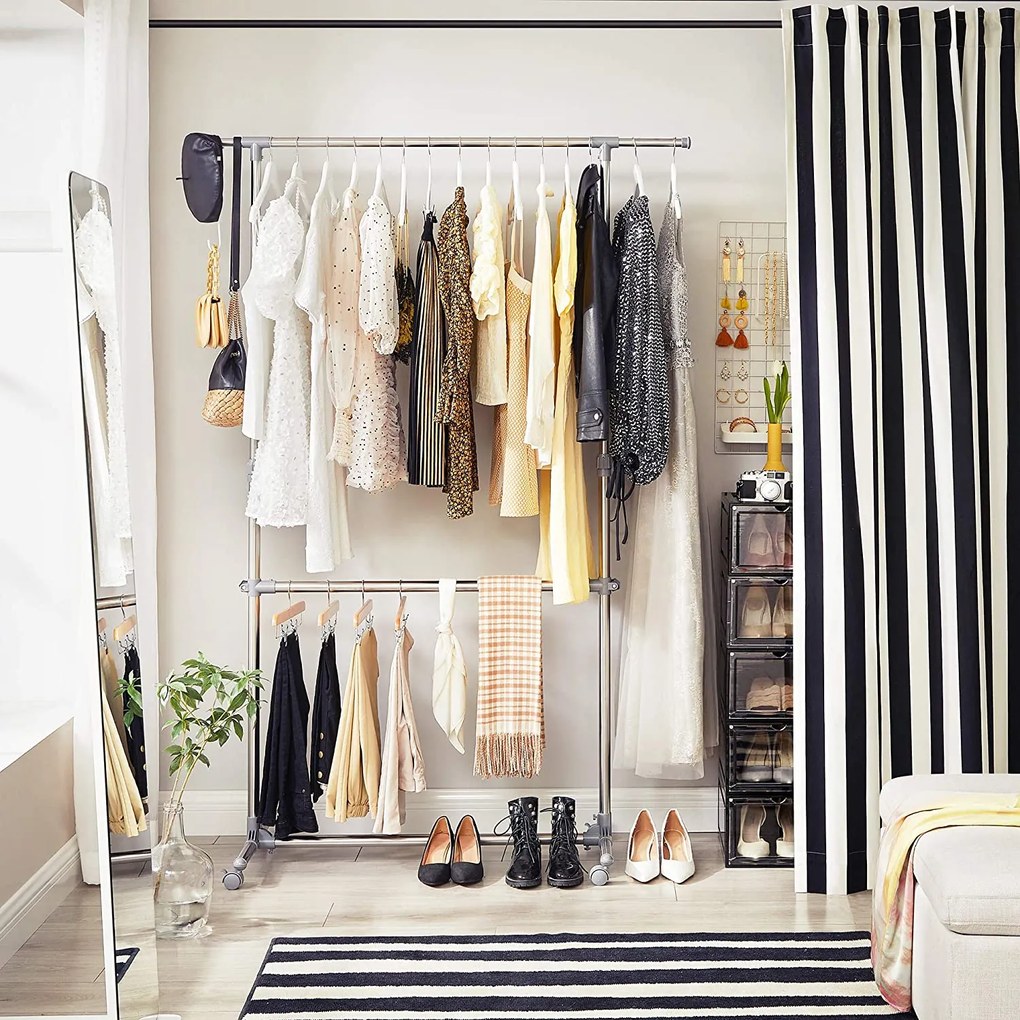 Výškovo nastaviteľný stojan na oblečenie, strieborná a sivá farba