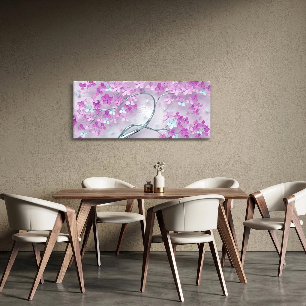 Obraz kvetov na striebornom kmeni - abstrakt (120x50 cm)