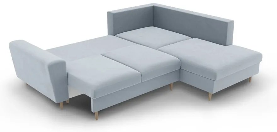 Svetlomodrá zamatová rozkladacia/s úložným priestorom rohová pohovka (pravý roh/do L) Kyoto – Cosmopolitan Design
