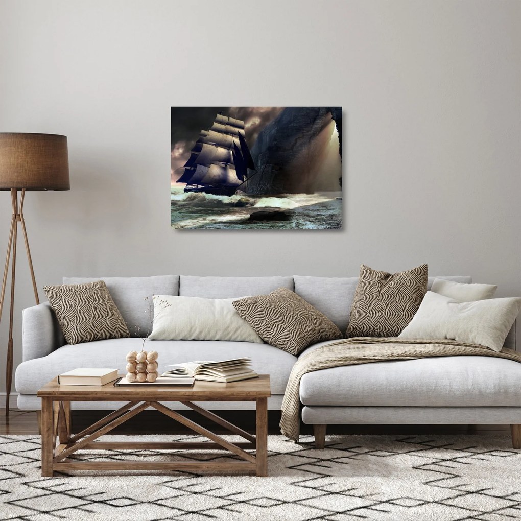 Sklenený obraz - Loď medzi útesmi (70x50 cm)