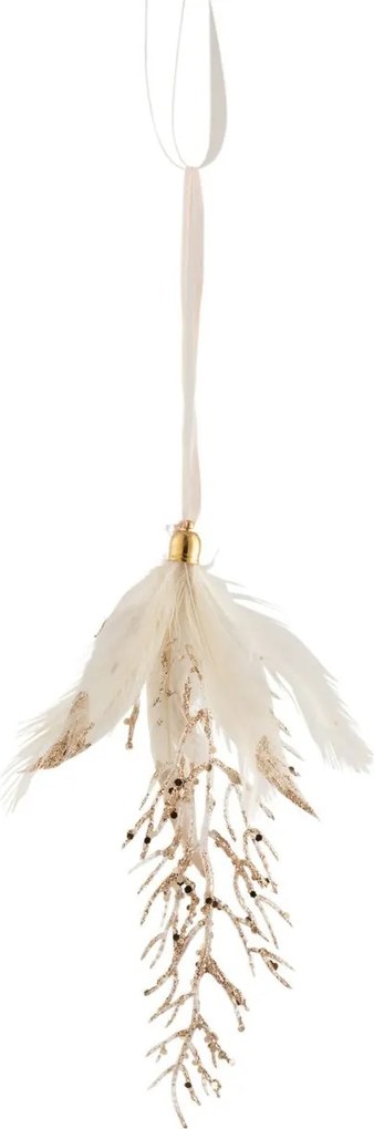 Závesná ozdoba vetvička so zlatými glitrami a bielymi pierkami - 8*2*18 cm