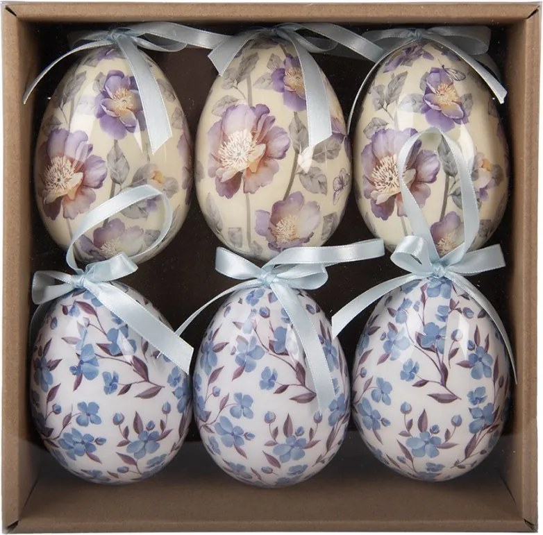 6ks dekorácie biele a béžové závesné vajíčko s kvetmi Spring Egg - Ø 7*10 cm