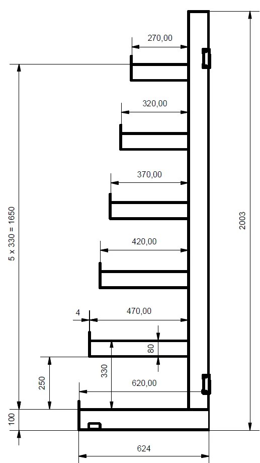 Konzolový regál, jednostranný, stromčekový, 2000 x 2700 x 624 mm, 6 poschodí