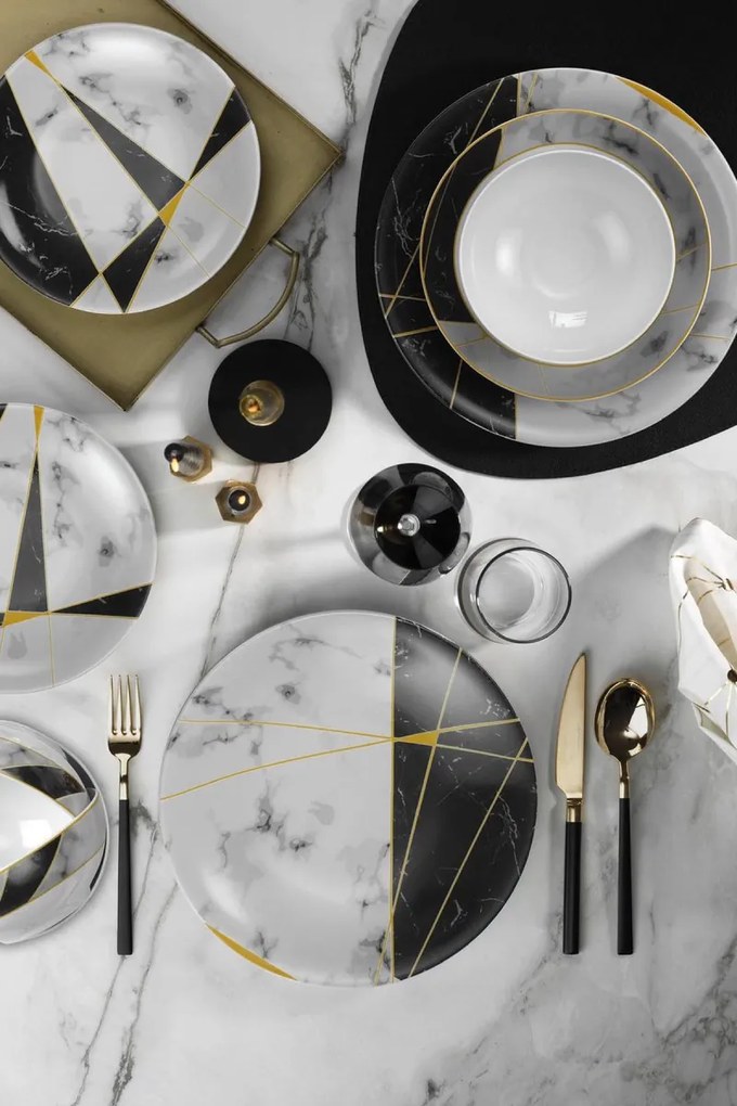 Porcelánová sada 24 ks talířů Glamour černá/bílá/zlatá