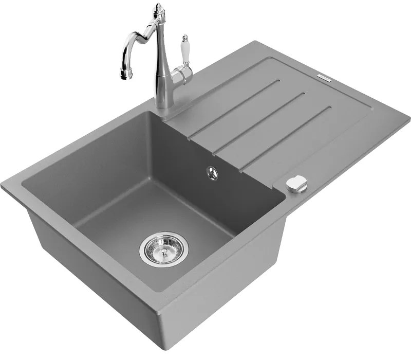 Mexen Bruno, granitový drez 795x495x200 mm, 1-komorový a drezová batéria Carla, šedá, 6513-71-670700-00