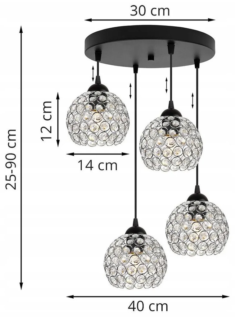 Závesné svietidlo Crystal, 4x strieborné krištáľové tienidlo, o