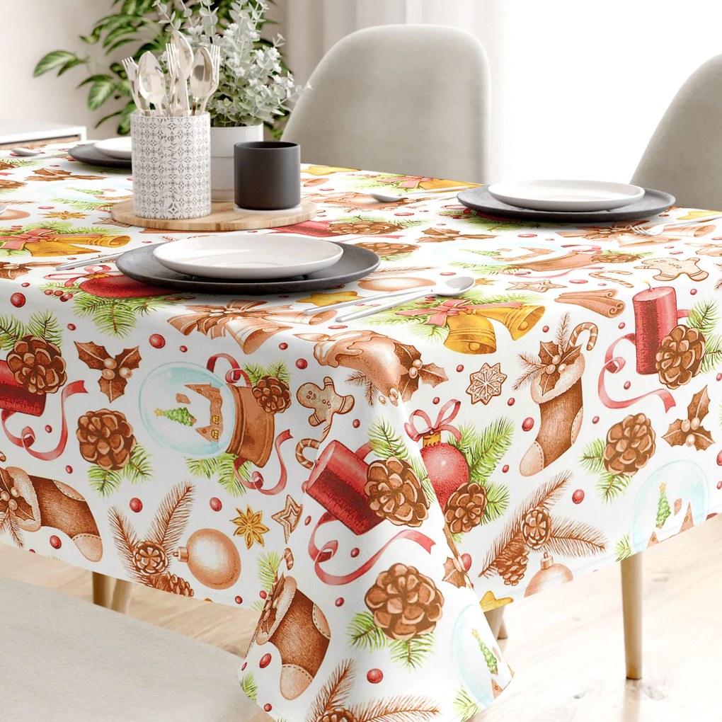 Goldea vianočný hranatý obrus 100% bavlnené plátno - vianočné ozdoby na bielom 120 x 140 cm