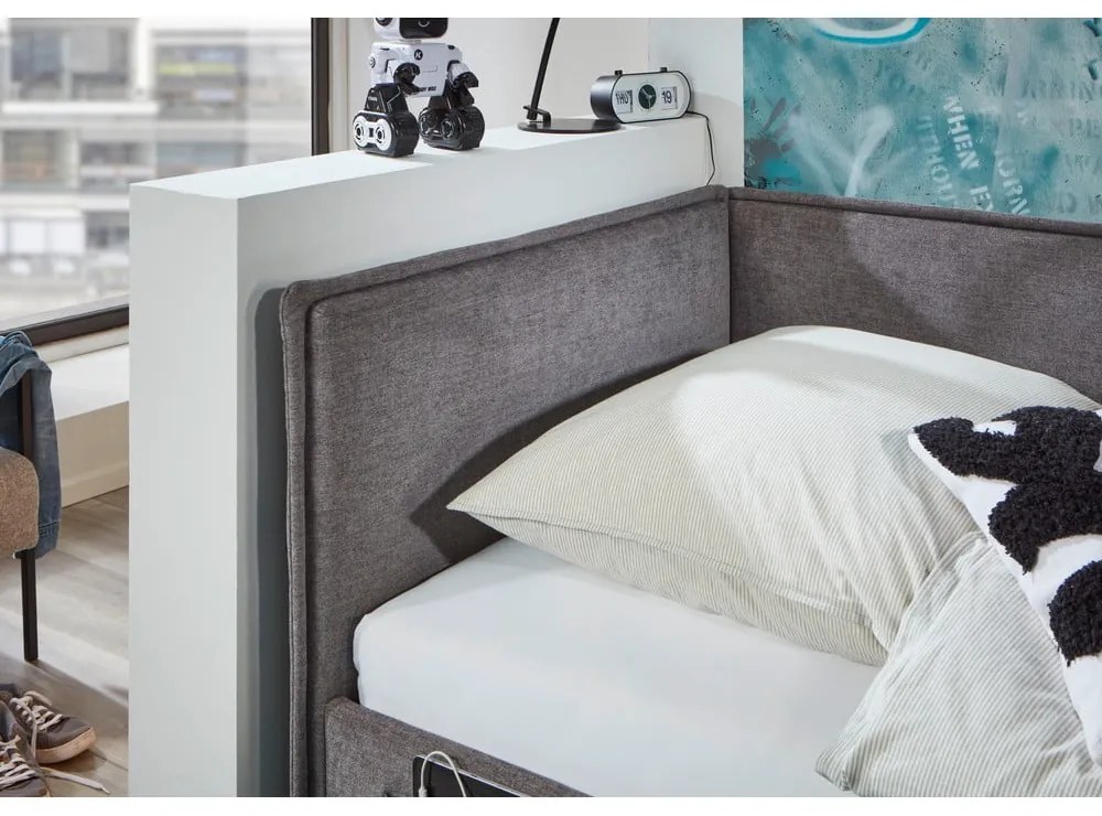 Sivá čalúnená rohová detská posteľ s úložným priestorom s roštom 120x200 cm Fun – Meise Möbel
