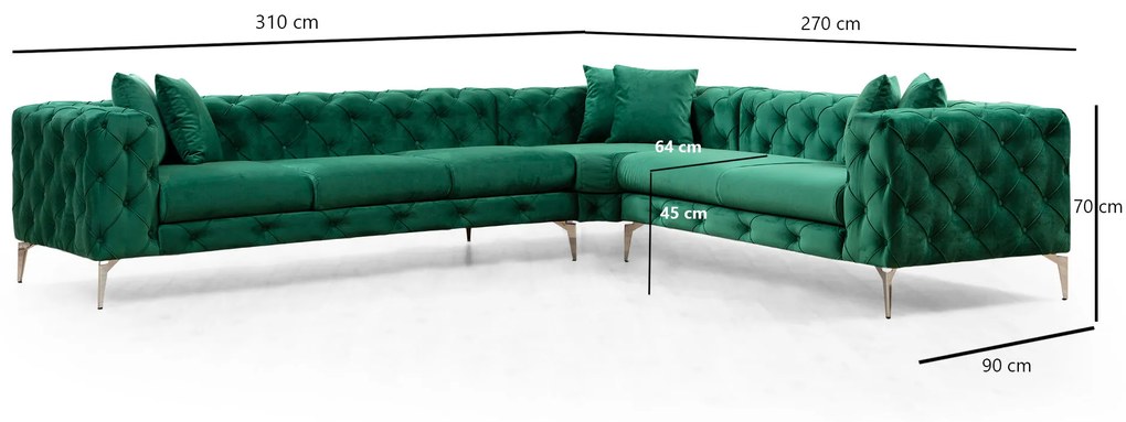 Luxusná rohová pohovka Como 270 x 310 cm, pravá, zelená