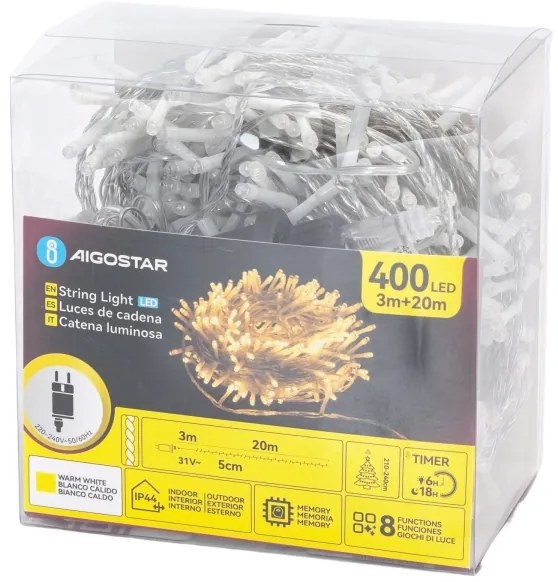 Aigostar - LED vonkajšia vianočná reťaz 400xLED/6W/230V 20m IP44 teplá biela