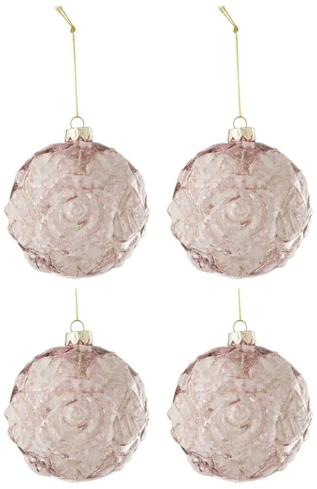 4ks ružová vianočná sklenená ozdoba s ružami a trblietkami M - Ø 10 cm