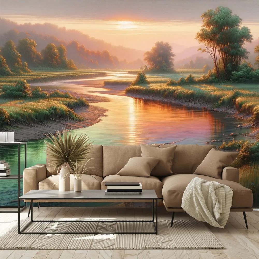 Samolepiaca tapeta západ slnka nad pokojnou riekou