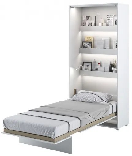 Vertikálna sklápacia posteľ s LED lampou, osvetlením vonkajšej strany a políc 90x200 CELENA - biela / lesklá biela