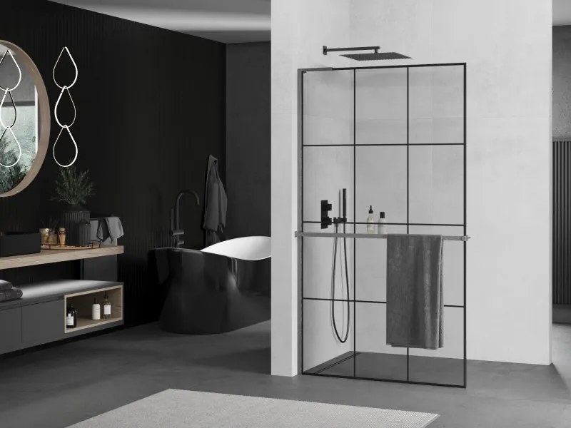 Mexen Kioto+ L, sprchová zástena Walk-In s poličkou a vešiakom 120 x 200 cm, 8mm číre sklo čierny vzor, grafitový profil, 800-120-123-66-77