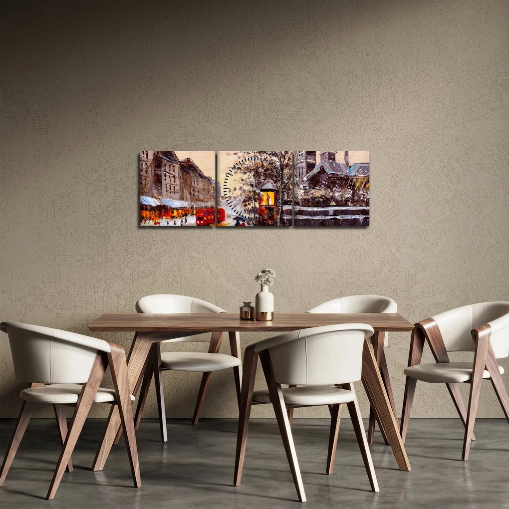 Obraz - Maľba zimného mesta (s hodinami) (90x30 cm)