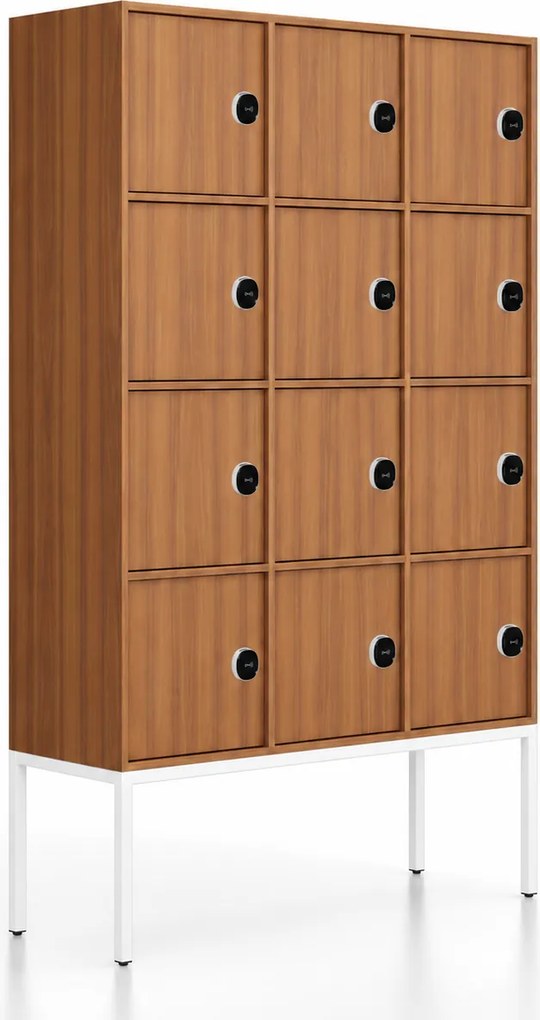 Kancelárska skriňa FRAME, biela podnož, 12x dvere, 1299 x 450 x 2185 mm, RFID zámok, orech