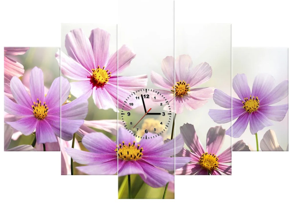 Gario Obraz s hodinami Jemné kvety - 5 dielny Rozmery: 150 x 105 cm