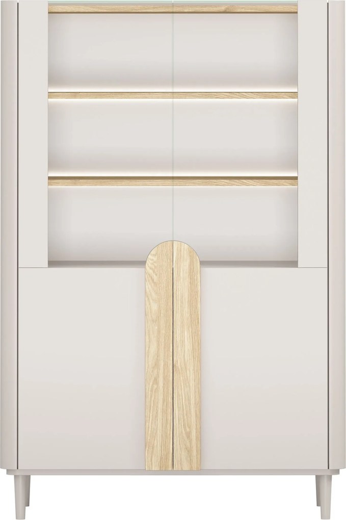 Vitrína Amilio 100 cm dvojdverová na nožičkách - kašmír / olejovaný dub / úchytky svetlý dub