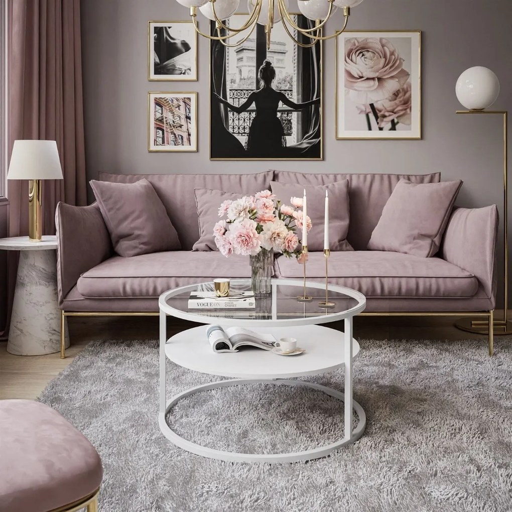 KONFERENČNÝ STOLÍK LEONARDO S POLICOU BIELY + ČÍRE SKLO