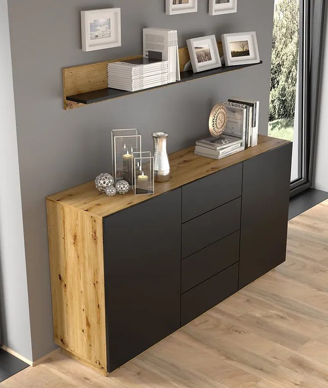 Komoda Aurora KOM2D4S (dub artisan + matná čierna). Akcia -20%. Vlastná spoľahlivá doprava až k Vám domov. 1124845