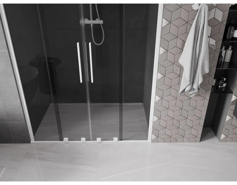 Mexen Velar Duo, posuvné sprchové dvere do otvoru 150 cm, 8mm šedé sklo, biela matná, 871-150-000-42-20
