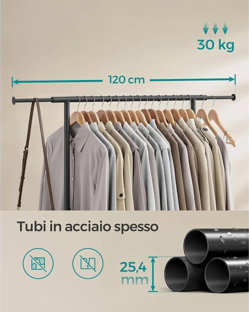 Vešiak na šaty s kolieskami, stojan na oblečenie, nosnosť 45 kg, čierny