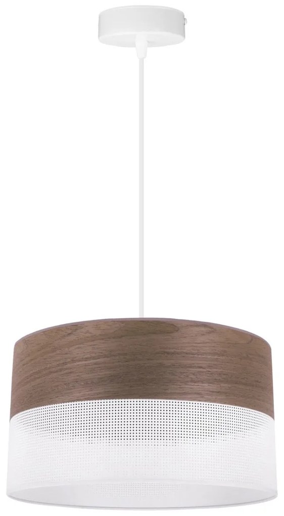 Závesné svietidlo Wood, 1x hnedá orechová dýha/biele PVC tienidlo, (fi 30cm)