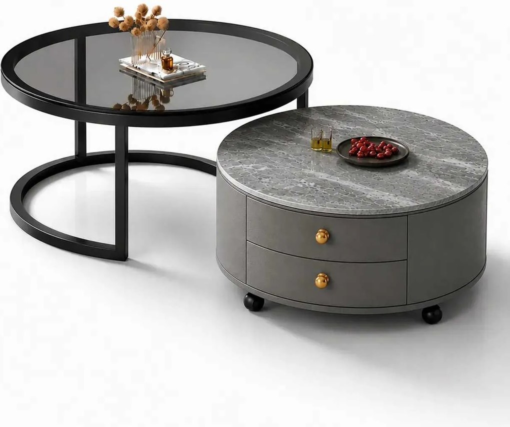 LuxuryForm DESIGN Konferenčný stolík ORION 70 × 70 / 50 × 50 cm – sivý / sivý mramor + sklo (set 2 ks)