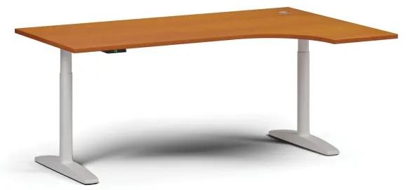Výškovo nastaviteľný stôl OBOL, elektrický, 675-1325 mm, rohový pravý, doska 1800x1200 mm, biela zaoblená podnož, čerešňa