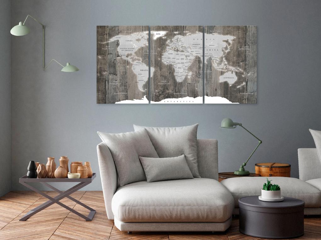 Artgeist Obraz - World Map: Wooden World (3 Parts) Veľkosť: 120x60, Verzia: Premium Print
