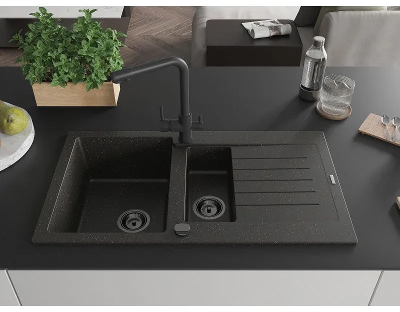 Mexen Matias, granitový drez 900x505x200 mm, 1,5-komorový a čierna batéria Duero, čierna-zlatá metalíza, 6502-75-671600-70-B