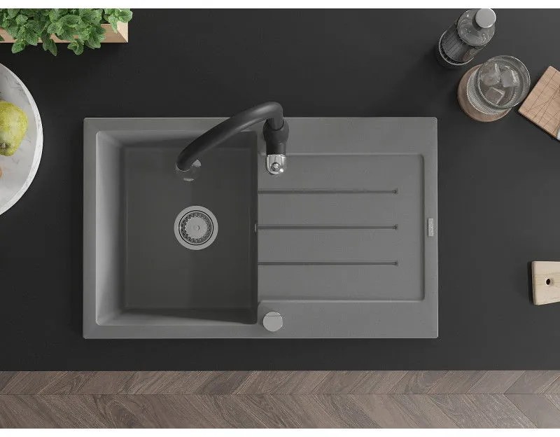 Mexen Bruno, 1-komorový granitový drez 795x495x200 mm a drezová batéria Savita, šedá, 6513-71-672601-70