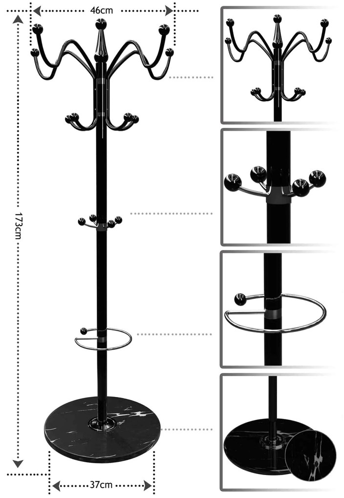 Casaria Stojanový vešiak TENZY s mramorovým podstavcom, 37x173cm, čierna