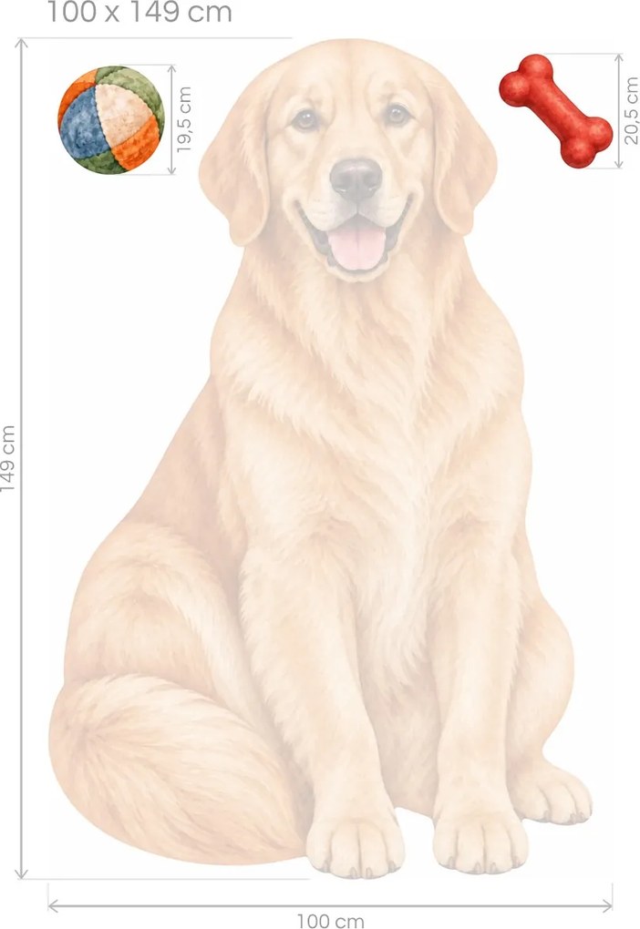 Zlatý retriever s loptičkou a kosťou maľované textilné nálepky na stenu pre milovníkov retrieverov hárok 31 x 46 cm
