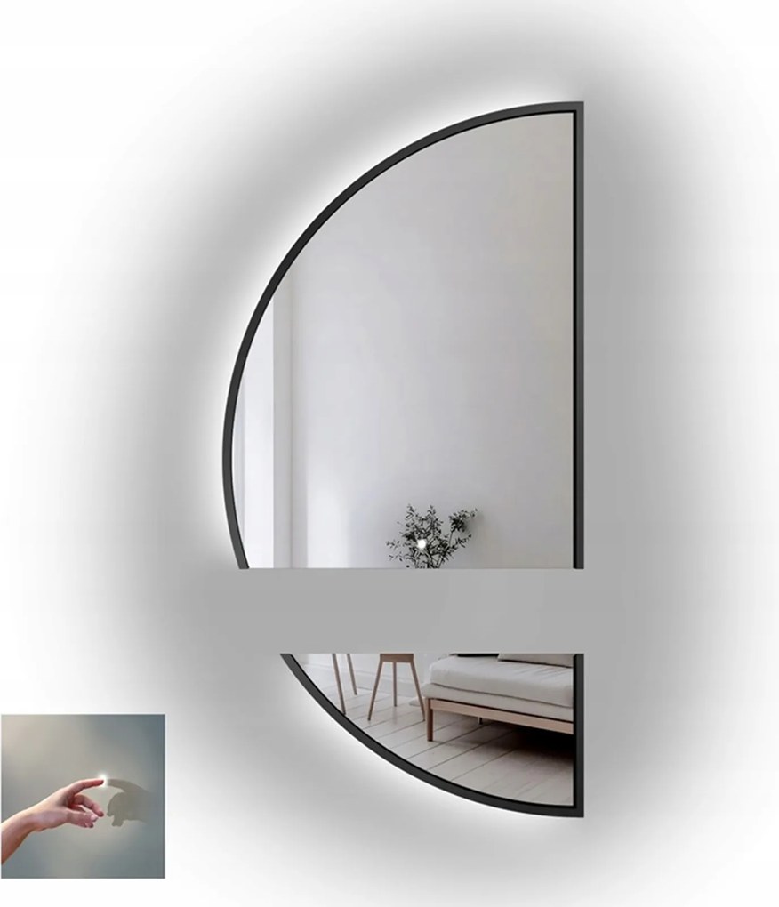 Polkruhové zrkadlo Doppio v čiernom ráme Mdf v dvoch častiach s Led diódami 120x240