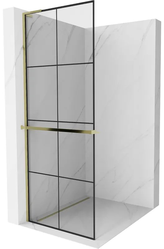 Mexen Kioto+ L, sprchová zástena Walk-In s poličkou a vešiakom 70 x 200 cm, 8mm číre sklo čierny vzor, zlatý lesklý profil,800-070-123-50-77