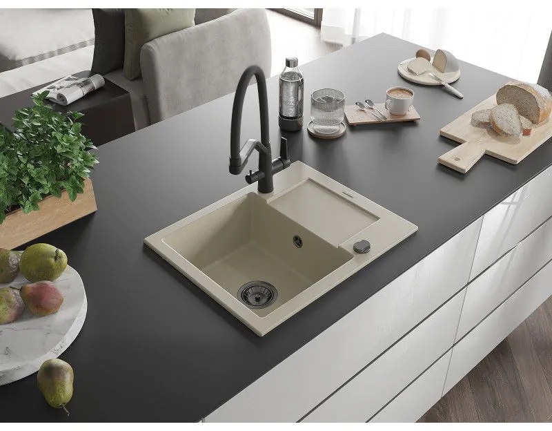 Mexen Enzo, granitový drez 576x465x174 mm, 1-komorový a drezová batéria Duo, béžová, 6506-69-671701-70-B