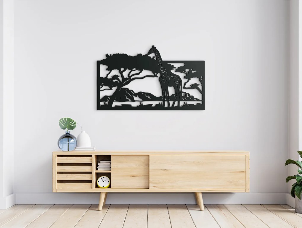 drevko Drevený obraz na stenu Žirafa v savane Rozmer obrazu: 27 x 44,5 cm, Farba dekorácie: Čierna