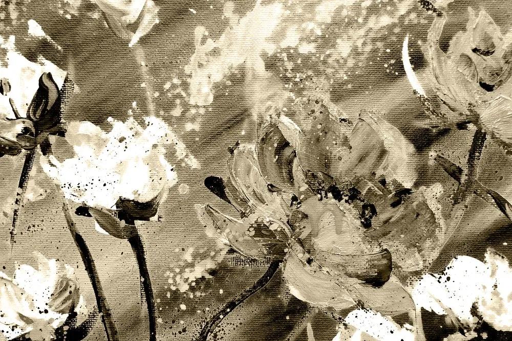 Obraz nádherná maľovaná abstrakcia kvetu v sépiovom prevedení