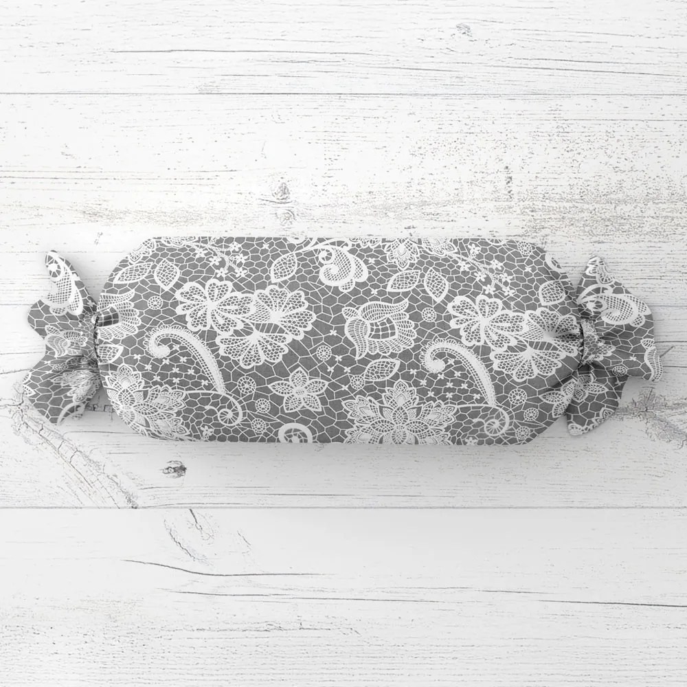 Biante Vankúš valec bonbon Sandra SA-550 Biela krajka na sivom 15x40 cm