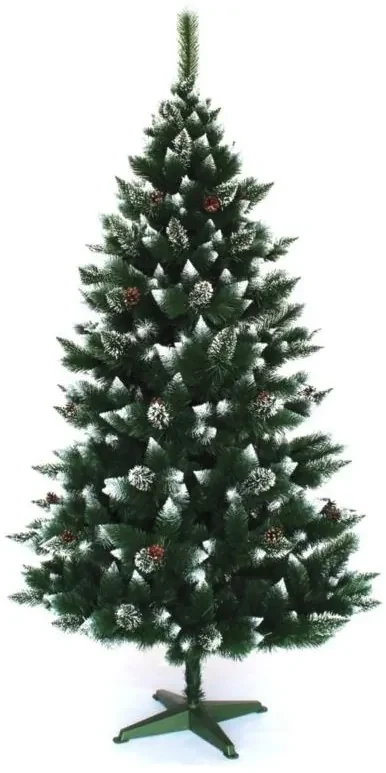 Čarovná vianočná borovica zdobená šiškami 220 cm s jemne zasneženými koncami