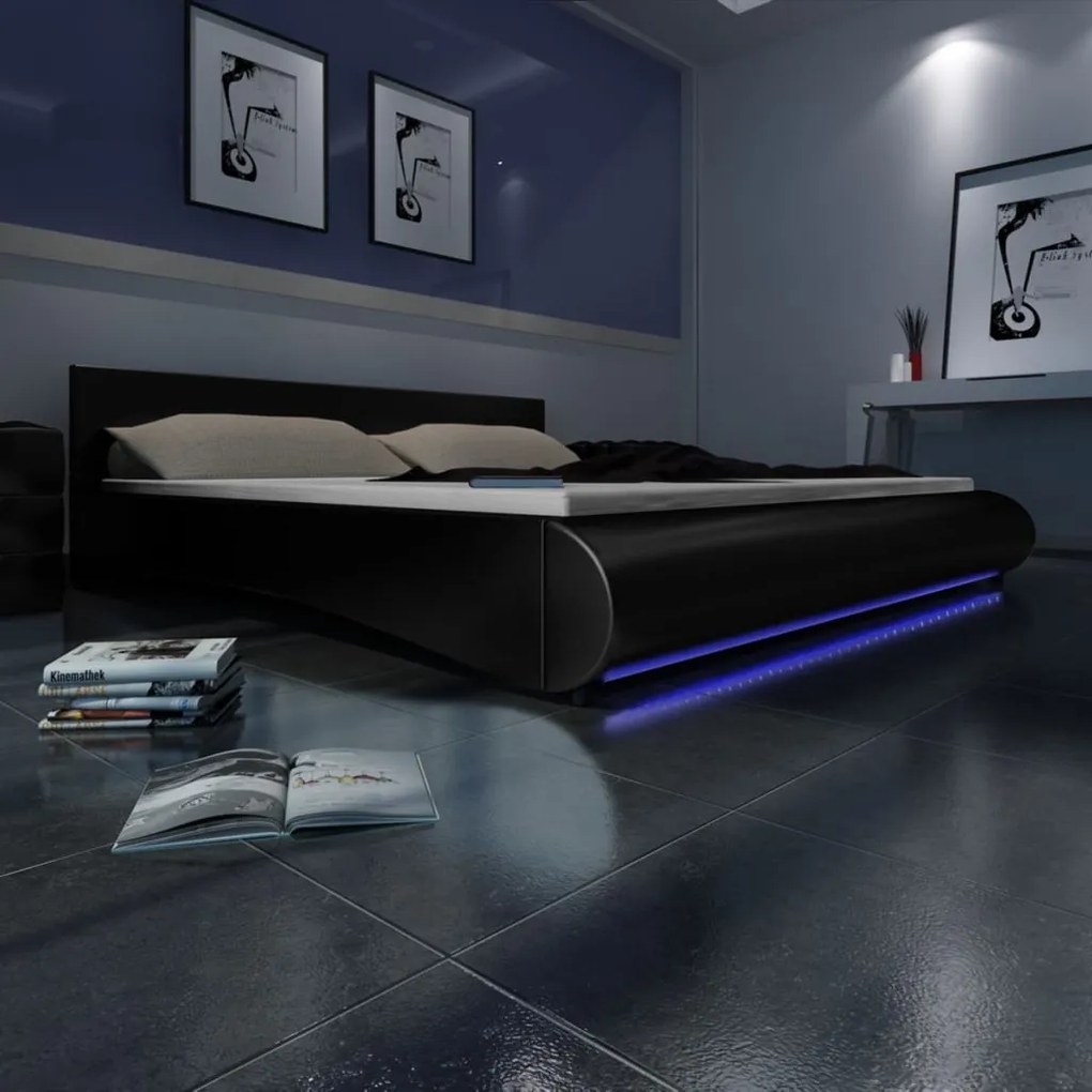 270712 Edco Čierna posteľ z umelej kože s LED pásom a matracom, 140 x 200 cm