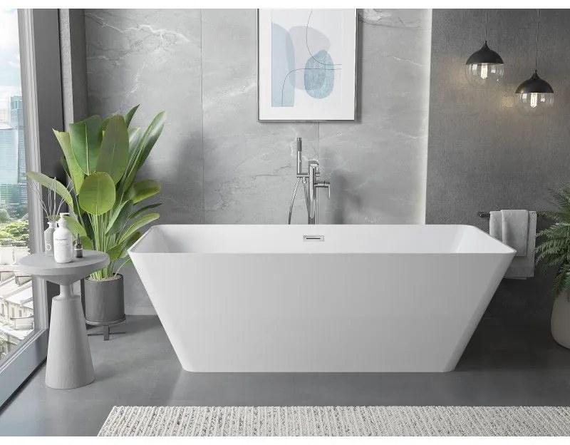 Mexen Velo Slim, voľne stojaca vaňa 170 × 75 cm, biela lesklá, chrómový prepad, 52811707500-01