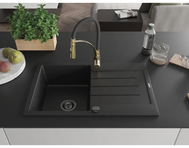 Mexen Bruno, 1-komorový granitový drez 795x495x200 mm a drezová batéria Aster, čierna, 6513-77-73450-57-B