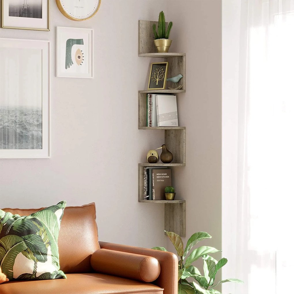 Rohová nástenná polica, 5-úrovňová, zik-zak prevedenie, greige