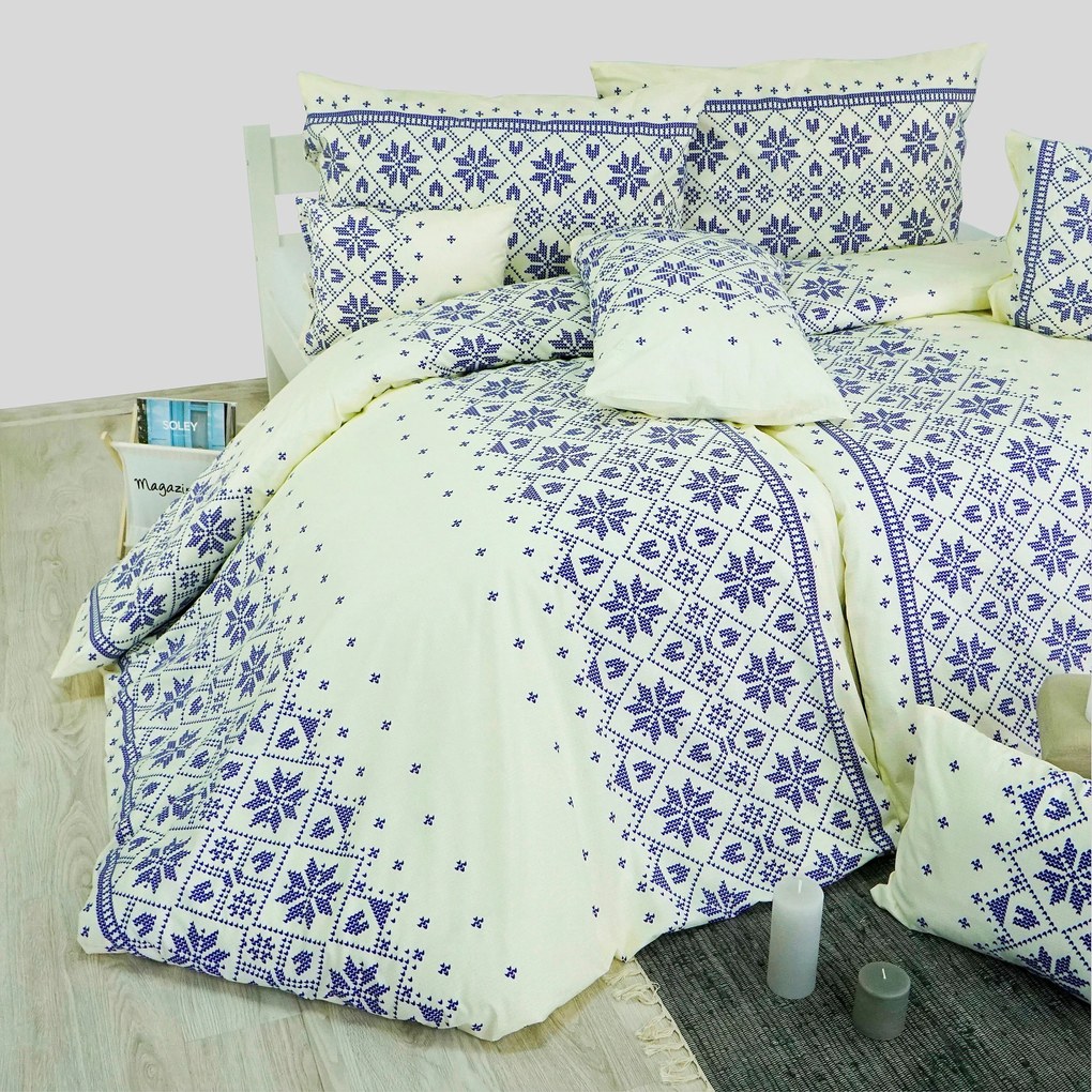 Obliečky bavlnené Etno krémovo-modré EMI: Predĺžený set jednolôžko obsahuje 1x 140x220 + 1x 70x90